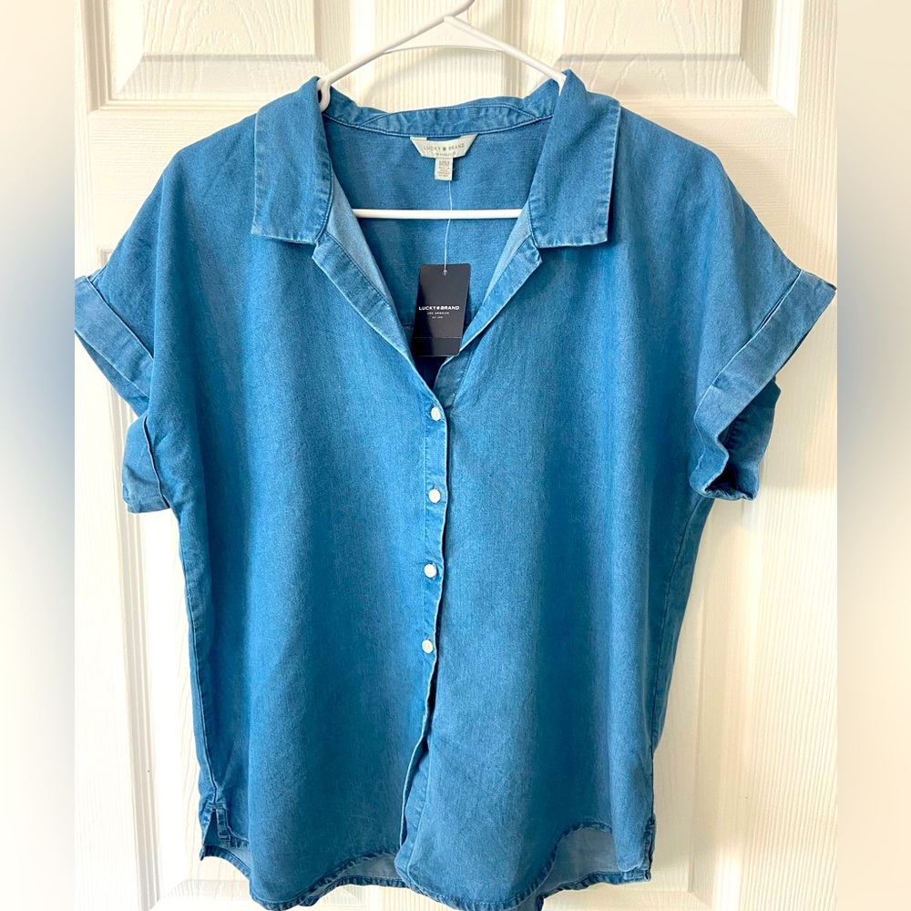 Lucky Brand Denim short sleeve button up blouse, size medium